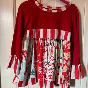 Red and White Long Sleeve Tee with Festive Patterns
